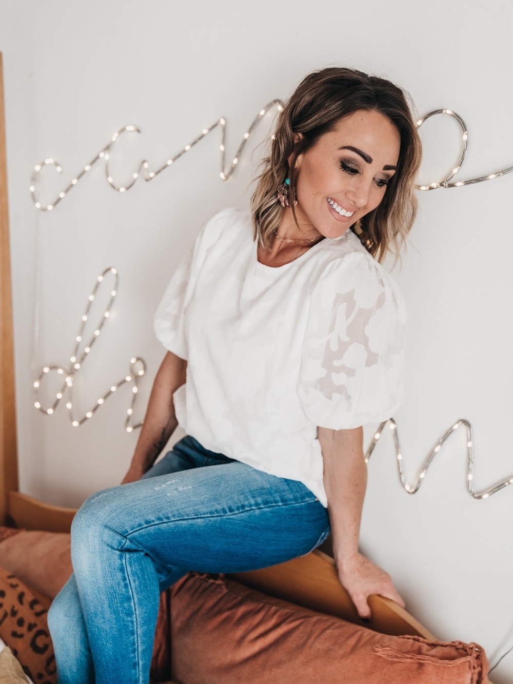 White Puff Sleeve Top - Sheer Detail burnout floral